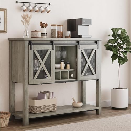 Garvee Farmhouse Wine Cabinet, Coffee Bar Sideboard Cabinet Storage, Console Table with Sliding Barn Doors, Entryway Table with Glass Rack for Kitchen Dining Room Hallway, 46.5 inches Long, Grey