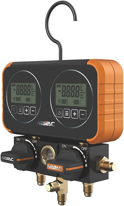 NAVAC N2D4H Manifold Gauge | Digital Display | 22 Refrigerant Types | Class 0.4 Accuracy | Impact-Resistant HVAC Gauge | Aluminum Body | Rubber Cover | 2 Years Warranty