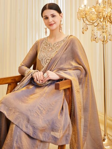 Image of MOKOSH Women's Silk Anarkali Kurta Palazzo with Dupatta | Anarkali Kurti Set | Embroidered | Sweetheart Neck Full Sleeve Ethnic Suit | 3 Piece Outfit