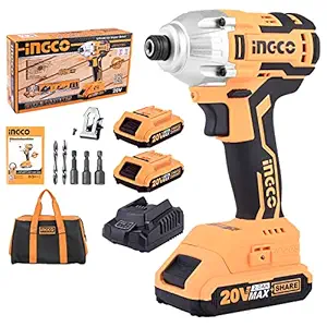 Ingco CIRLI2002 Lithium-Ion Impact Driver 1/4 Inch Power Tool 170 Nm High Torque Hex Impact Wrench 2pcs 2.0Ah Battery And Canvas Bag