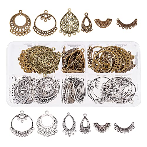 Sunnyclue 1 Box 72Pcs 2 Colors 6 Styles Tibetan Style Chandelier Component Links Charms Vintage Alloy Oval Teardrop Pendants Earring Findings For Women Adults Diy Jewelry Earring Making #TOP28