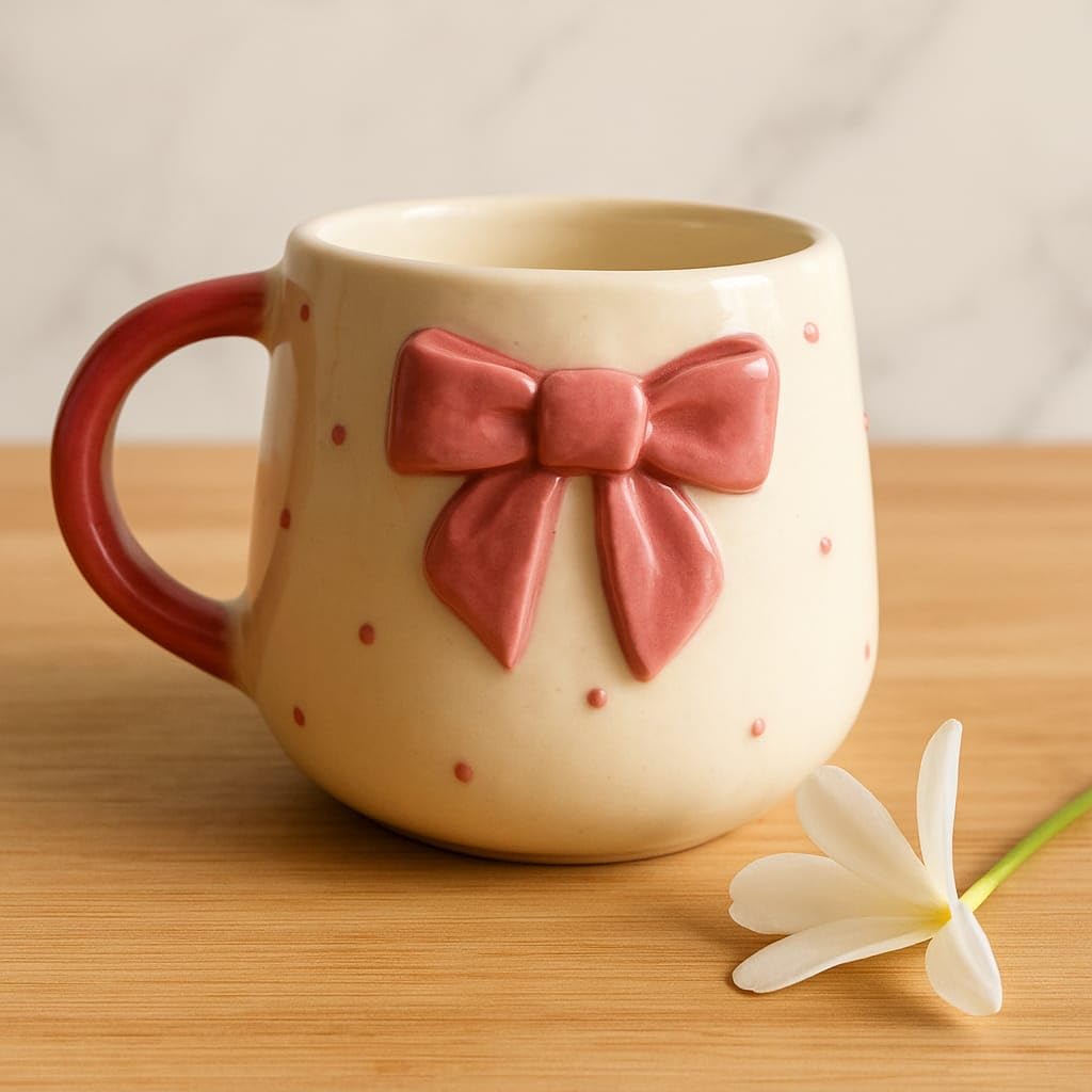 THE INDIAN HOME Cute Pink Bow Ceramic Mug for Coffee Tea Milk | 3D Bow Design Gift Mug for Girls Women Kids | Premium Glazed Polka Dot Finish (1)