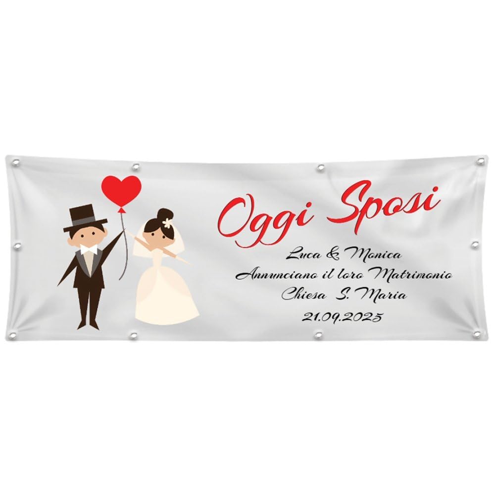 M-Italy STRISCIONE FONDALE MATRIMONIO - OGGI SPOSI - STRISCIONE PERSONALIZZATO IN CARTA O IN BANNER PVC ANCHE DA ESTERNO GARANZIA 5 ANNI (Banner, 200x200 cm)