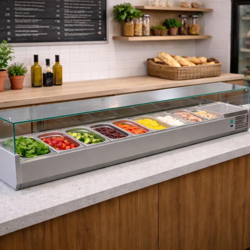 Vetrina Saladette refrigerata con ingredienti 2000 mm - 10 x GN 1/4 - +2°C/+8°C - Inox
