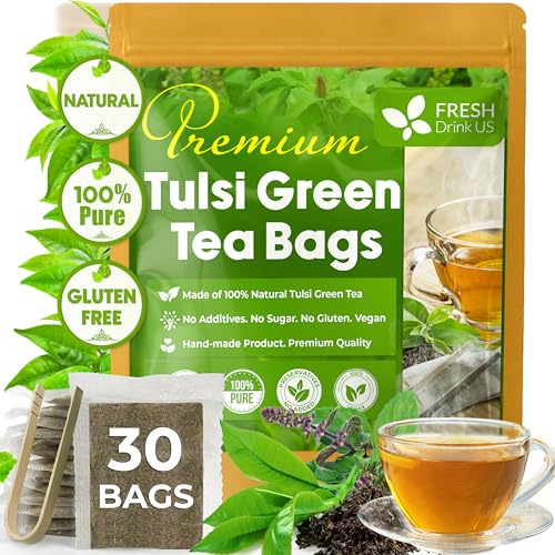 Image of FreshDrinkUS, Premium 30 Tulsi Green Tea Bags, 100% Natural, Blend of Tulsi Holy Basil Leaves, and Green Tea Leaves. Made with Natural Material Tea Bags. No Sugar, Vegan.