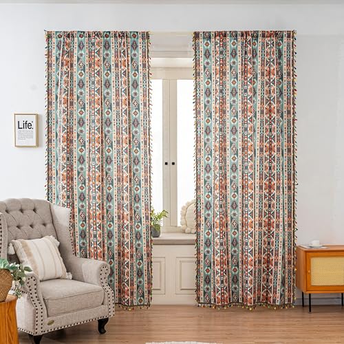 Image of Teal Orange Geometric Curtains 63 Inches Long, Boho Farmhouse Light Filtering Rod Pocket Drapes with Tassel Trim for Bedroom Living Room, 2 Panels