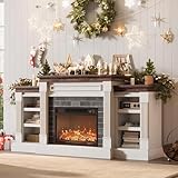 IDEALHOUSE 71 Inch Electric Fireplace with Matal, Fireplace TV Stand for TV Up to 80', Entertainment Center with Storage, Realistic Stacked Stone Surround with Remote Control and 3d Flame, White+Brown