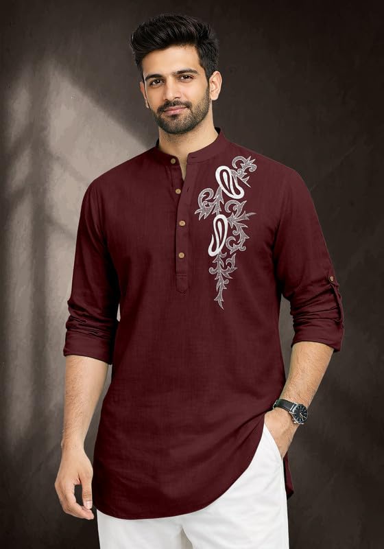 Image of Cotton Blend Self Design Printed Casual Short Kurta for Men Long Sleeve Mandarin Collar Stylish Kurta Shirt for Men