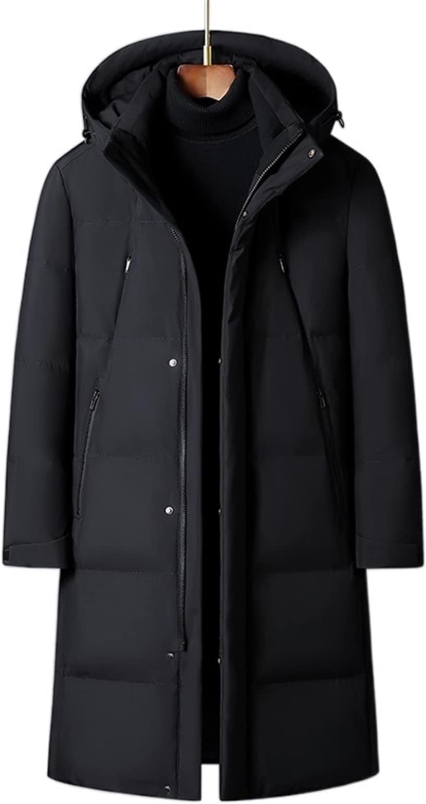 CBNERDS Puffer jacket men Winter Down Jackets for Men White Duck Down Long Coat Overcoat Hooded Thick Warm Black(XXXX-Large)