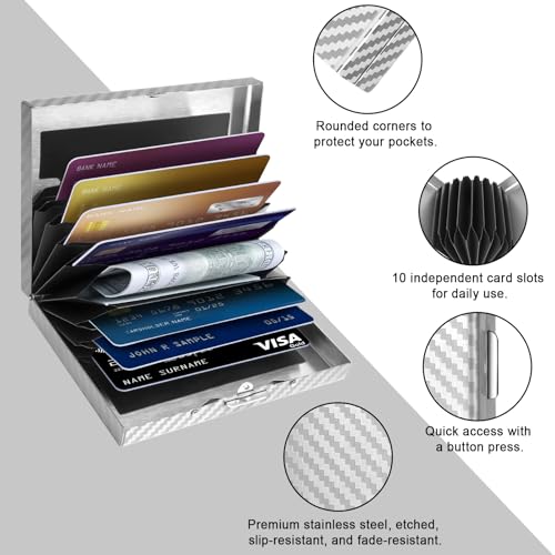 Textured Stainless Steel RFID Card Holder – Anti-Slip Etched Metal Credit Card Case with Unique Chevron Pattern – Slim Wallet for Men & Women (Blue)4