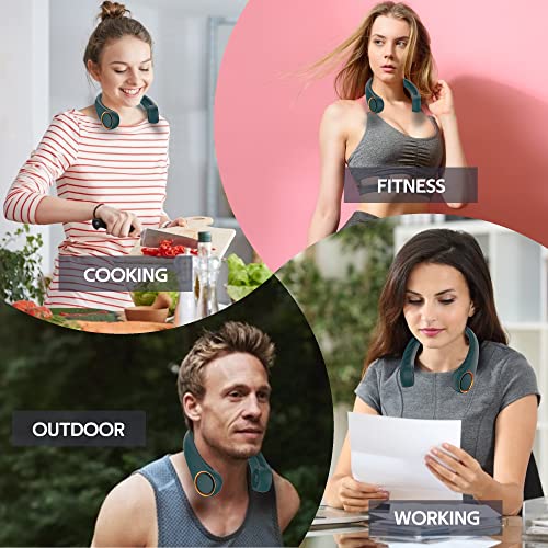 Image of Portable Neck Fan, Hands Free Bladeless Fan, 360 Cooling Personal Fan,Wearable Quiet Fan for Outdoor Indoor, Gifts for Men Women, 4000mAh Battery Operated, USB Rechargeable, 3-Speeds (Dark Green)