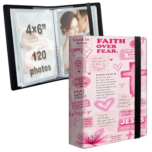 Image of Photo Album 4x6 120 Photos with Strong Elastic Band, Pink Faith Collage | Large Capacity Premium Leather Picture Album, Portable Wallet Albums Photo Book for Family Anniversaries Wedding Baby