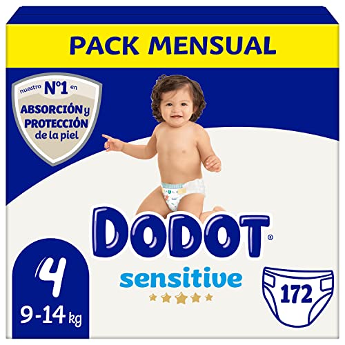 Dodot Pañales Bebé Sensitive Talla 4, 172 Pañales, 9kg - 14kg, Óptima Protección de la Piel de Dodot