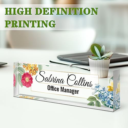 Image of Name Plate for Desk, Desk Name Plate Personalized, Blue Office Decor for Women Men, Acrylic Desktop Accessories, Office Gifts for Boss Nurse Teacher Coworker, Employee Appreciation Gift (Flowers B)