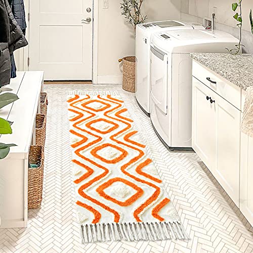 Yesrug Boho Runner Rug Long 2'X6' Orange Rug Washable Kitchen Rugs Runners For Hallway Handmade Tufted With Tassels, Indoor Farmhouse Floor Carpet Bohemian Throw Rugs For Bedroom Laundry #TOP6