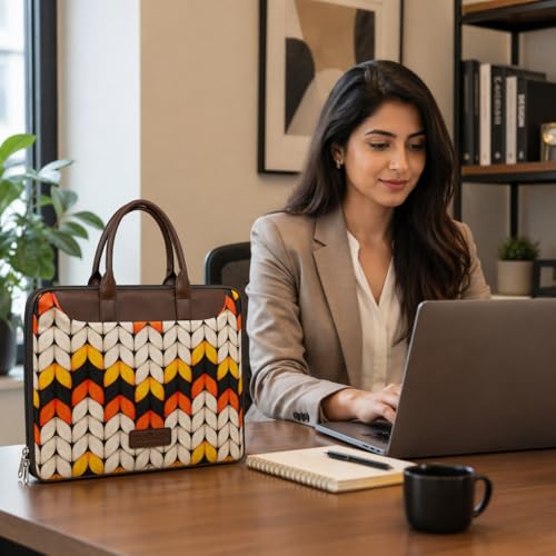 Image of Tabelito Designer Printed Laptop Sleeve for Women (13-15.6 Inch) | Jute & Vegan Leather Office Handbag | Lightweight Stylish Work Bag with Handle