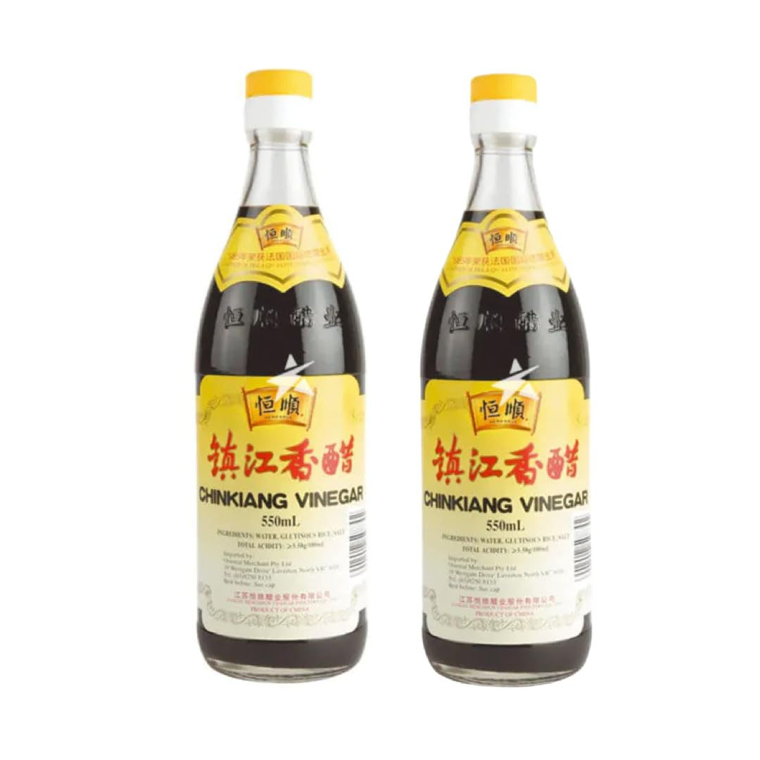 Heng Shun - Pack of 2 Chinkiang Vinegar Black Vinegar in 550 ml Glass Bottle - Traditional Chinese Rice Vinegar Black Ideal for Dipping Sauces and Seasoning
