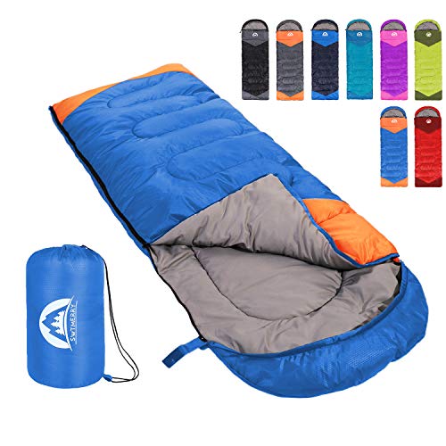 Sleeping Bag 3 Season Warm & Cool Weather - Summer, Spring, Fall, Lightweight,Waterproof Indoor & Outdoor Use for Kids, Teens & Adults for Hiking,Backpacking and Camping (Blue Orange, Single)