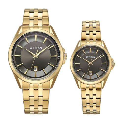 Image of Titan Modern Bandhan Pair Analog with Black Dial Yellow Gold Stainless Steel Strap Watch for Couples - 9401594215YM01