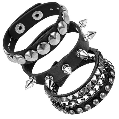 PEOVLVN 3 Stück Punk Rock Armband Leder Armband Nietenarmband Herren Damen Armband Emo Accessoires Gothic Breites Armband mit Verschluss Rock Armband Set Biker Armband für Party/Konzert/Cosplay