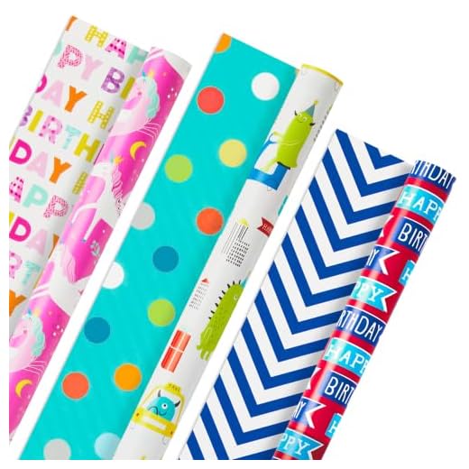 Hallmark Reversible Kids Birthday Wrapping Paper (3 Rolls: 120 sq. ft. ttl.) Monsters and Unicorns, Polka Dots, Chevron, Pink, Teal, Blue, Red, Orange, Lime Green