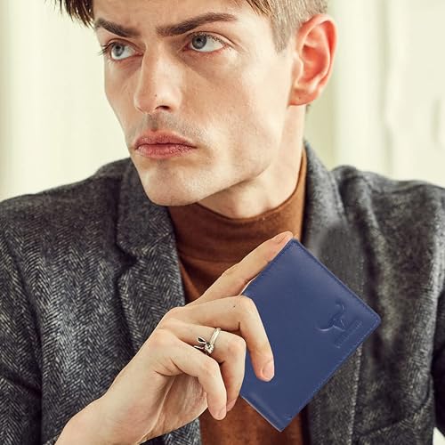 Genuine Leather Wallet for Men | Bi-Fold RFID Blocking Wallet Handcrafted I Multiple Credit/Debit Card Slots……, Blue B, American, MW040BL2