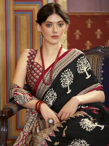 Image of SAREE MALL Women's Ajrkh Print Satin Crepe Polka Dot Printed Saree With Unstitched Blouse Piece