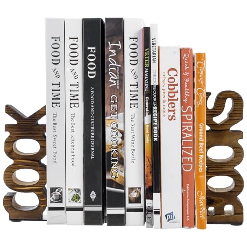 MyGift Rustic Burnt Wood Tabletop Cook and Books Decorative Bookends for Kitchen Countertop, Cookbook Display Holder 2 pc Set