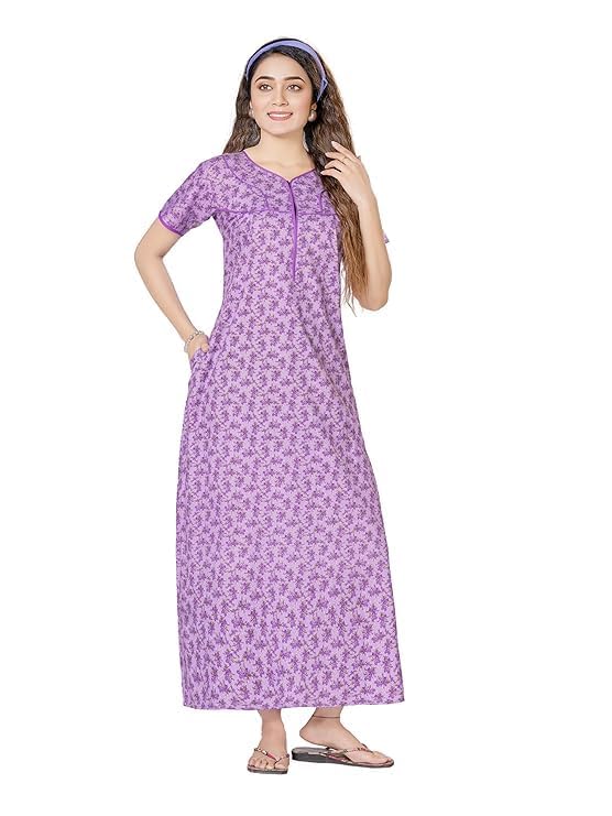 Image of Vlazom Women's Cotton Nighty - Jaipuri Rajasthani Printed Maxi Dress with Embroidery & Pockets