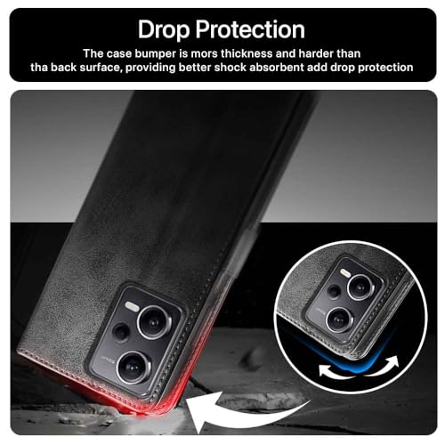 Image of WOW IMAGINE Shock Proof Hand Stitched Royal Flip Cover Case for Xiaomi Redmi Note 12 Pro 5G (Flexible | Leather Finish | Wallet Case Card Holders & Stand | Tanned Black)
