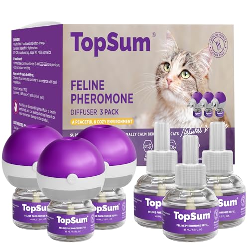 TopSum Cat Pheromones Calming Diffuser: Premium Pheromone Diffuser for Cats - Cat Pheromones Diffuser - Cat Calming Diffuser - Cat Calming Pheromone Diffuser (3 diffusers+ 3 Refills)