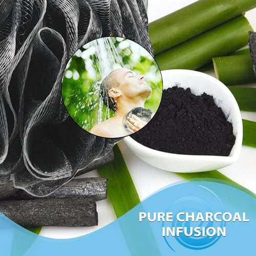 Image of Loofah Charcoal Bath Sponge XL 75g Set by Shower Bouquet: 4 Pack, Extra Large Mesh Pouf Soft Scrubber for Men and Women - Exfoliate with Big Black & White Gentle Cleanse in Beauty Bathing Accessories