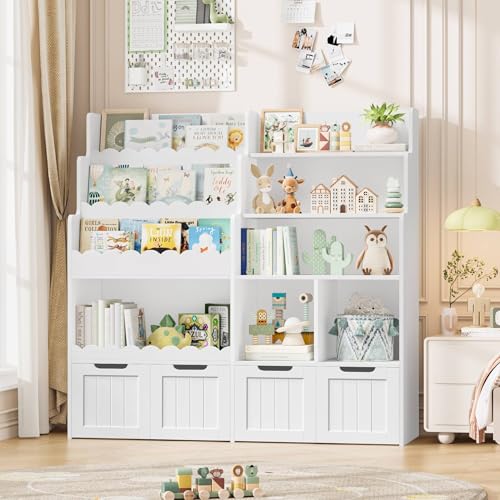 FOTOSOK Toy Storage Organizer, Large Kids Bookshelf Toy Organizer with 4 Movable Drawers and 3 Storage Cubbies, Toy Organizer and Storage Toy Shelf Organizer Kids Toy Storage for Playroom Living Room