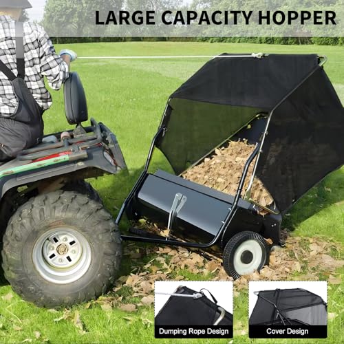 nawoefii 44 Inch Pull Behind Lawn Sweeper, Adjustable Sweeping Height Leaf Sweeper, Leaf Collector, Yard Sweeper Tow Behind with Dumping Rope Rubber Wheels Black 44 Inch - Thumbnail 4