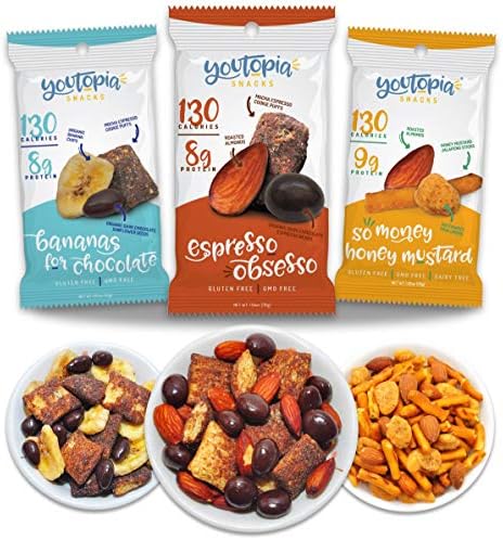 Youtopia Healthy Snacks, 130 Calories, High Protein Snack Mix, Low Sugar, Low Calorie Snacks, Gluten Free, GMO Heart Healthy Snacks Variety Pack, 1 Oz, Pack of 10