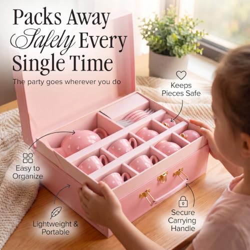 Image of Giggle & Honey Pink Heart Tea Party Set for Little Girls, Porcelain Kids Tea Set with Carry Case, Teapot Cups & Saucers, Princess Pretend Play Gifts for Girls 3, 4, 5, 6, 7, 8 Years