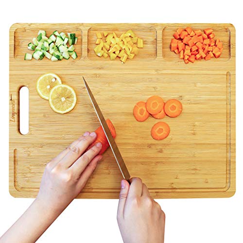 Linyuant Extra Large Bamboo Cutting Board Organic Wood Cutting Boards with Juice Groove Kitchen Cutting Board with 3 Compartments Wood Chopping Board Butcher Block Cutting Board for Meats Fruit