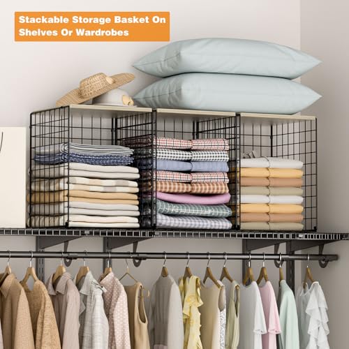 3-Pack Taller Closet Organizers and Storage with Wood Top, Stackable Wire Storage Bins for Clothes, Bags, Towels, Double Storage Design, Sturdy Metal Cube Shelf Organizer for Closet Wardrobe, Black - Image 2
