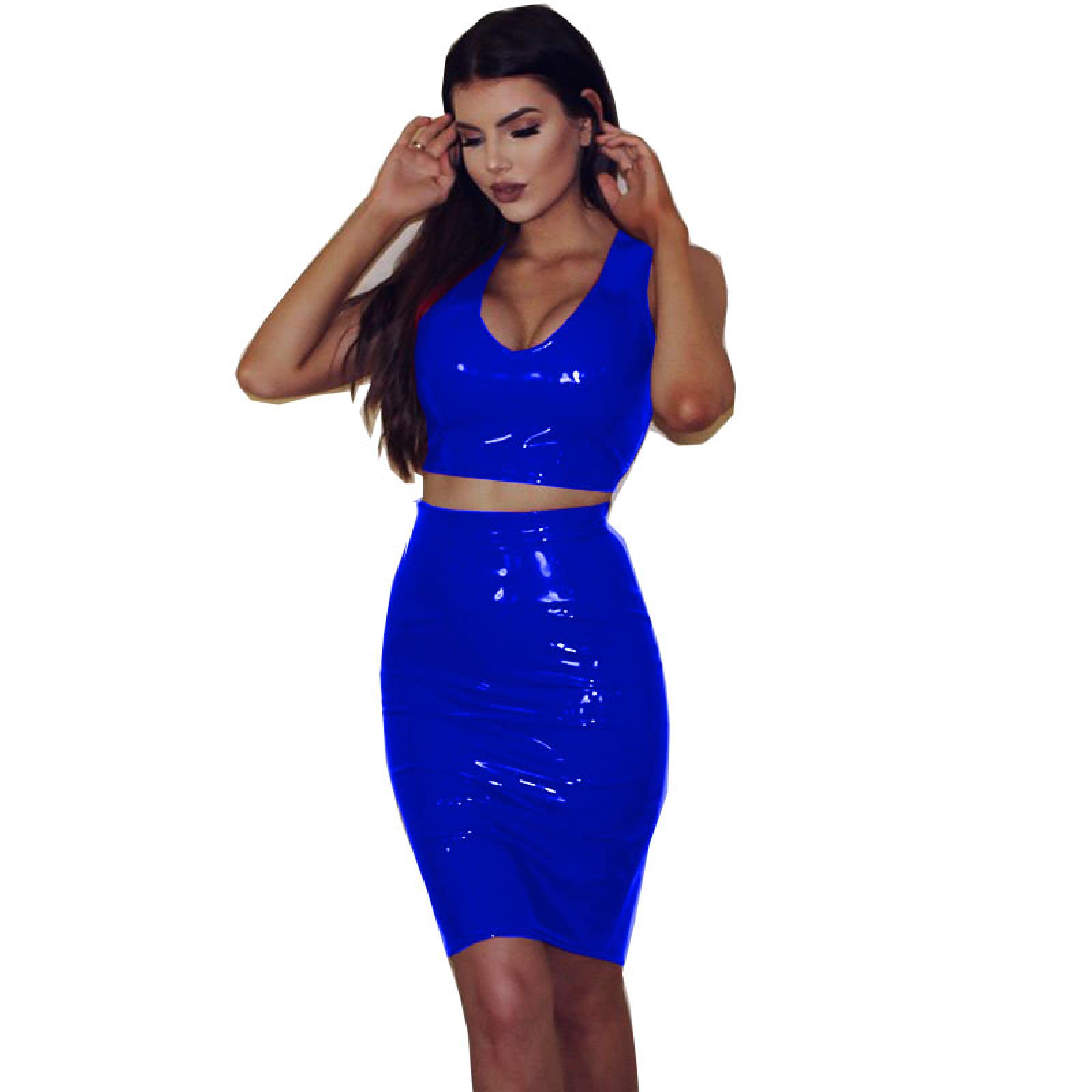 QJZM Faux Leather Two Piece Summe Top sin Mangas Falda Traje Slim Crop Tank Tops Cintura elástica Lady Falda Conjuntos Elegante