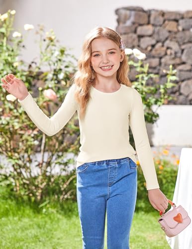 Arshiner 2 Packs Ribbed Knit Long Sleeve Shirts for Girls Soft Slim Fit Crewneck Casual Base Layer Tops Tees2