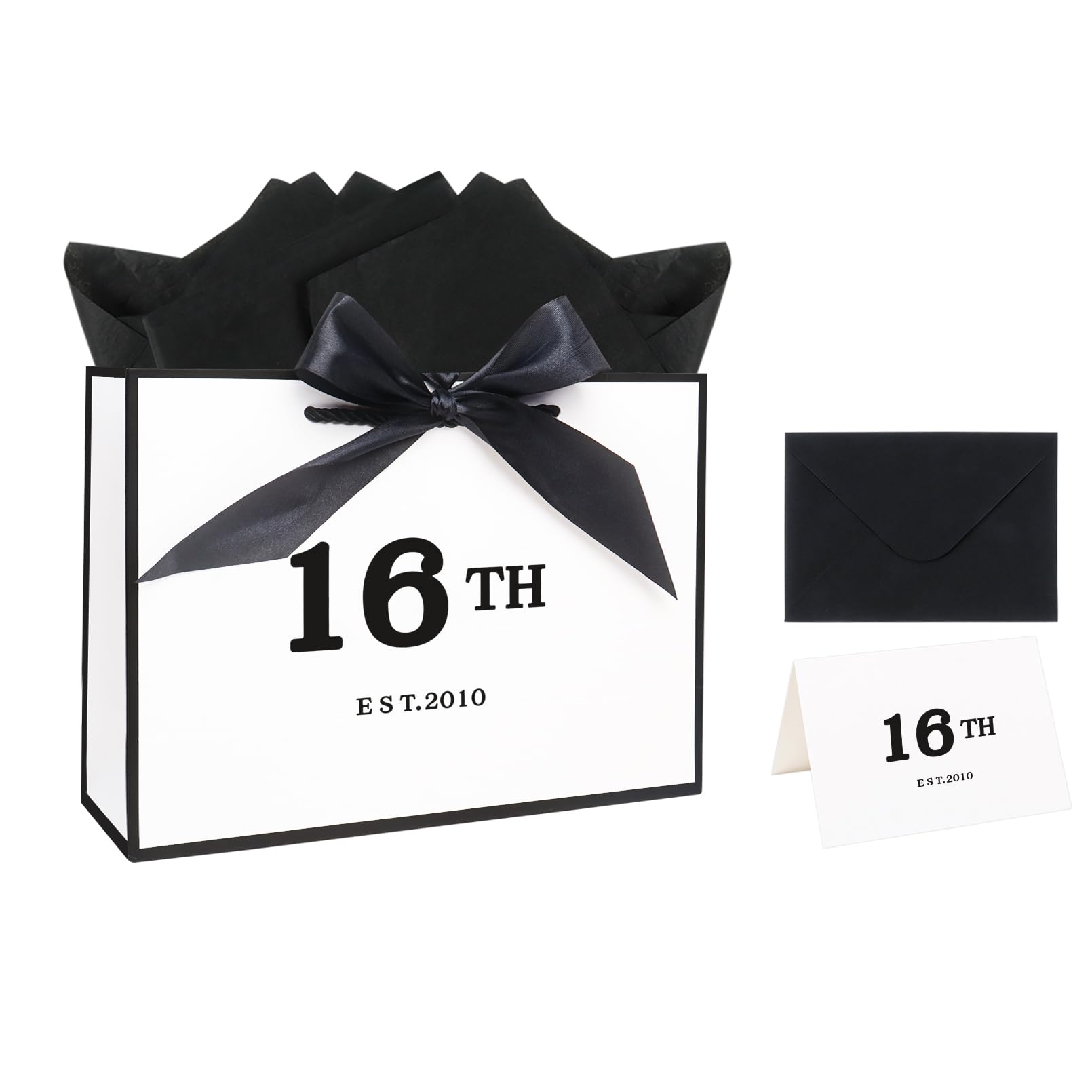 11" 16th Birthday Gift Bag with Tissue Paper & Card, 16th Gift Bag for Boys & Girls, 16th Birthday Wrapping Bag with Handles
