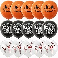 DOJoykey 15pcs 12inch Latex Balloons, White Black Orange Latex Balloons Printed with 3 Different Halloween Pattern for Halloween Party Decoration