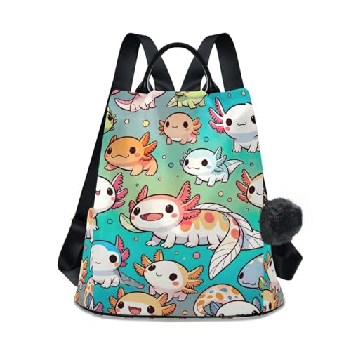 Mochila Axolotls Aqua antirrobo de mujer con pompón y bolsillo trasero con cremallera para viaje