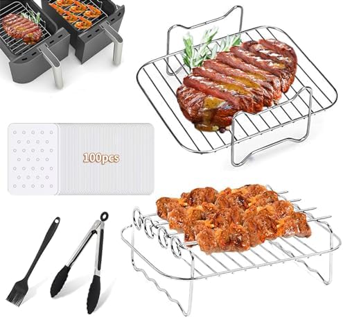 Ninja Dual Air Fryer Accessories, 2Pcs Air Fryer Rack, BBQ Rack with 4 Skewers, for Ninja Foodi DZ201 DZ401 and Ninja 8QT-10QT Air Fryers, 100 Paper Liners – 5Pcs Set