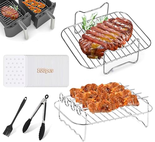 Lebreary Ninja Dual Air Fryer Accessories, 2Pcs Air Fryer Rack, BBQ Rack with 4 Skewers, for Ninja Foodi DZ201 DZ401 and Ninja 8QT-10QT Air Fryers, 100 Paper Liners - 5Pcs Set