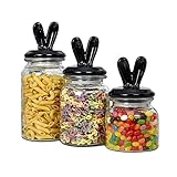 Set of 3 Decorative Glass Kitchen Canister Set, Cookie Jar, Food Storage Containers, Bathroom Jars, with Airtight Ceramic Lid for Kitchen and Bathroom, Black Bunny Handle