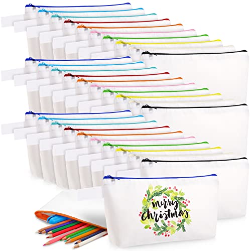 30 Pieces Makeup Bags in Bulk Canvas Pencil Bag Travel Cosmetic Bags Blank DIY Craft Bag Canvas Pen Case Pencil Pouch Makeup Pouch Canvas Zipper Pouch Bags for Girls Teens (7.48 x 5.11 x 1.77 Inches)