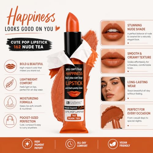 Image of Krayons Cute Pop Matte Lipstick for Women - Shade 162 Nude Tea, India's 1st Twist-Wrap Lip Stick, Long Stay Waterproof Lipstic, Rich Pigmented Daily Wear Matt Lipsticks, 3.5g