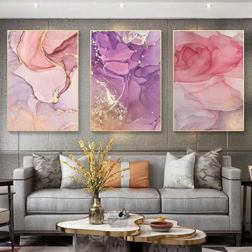 Art mural scandinave abstrait pour salon moderne, triptyque rose et doré