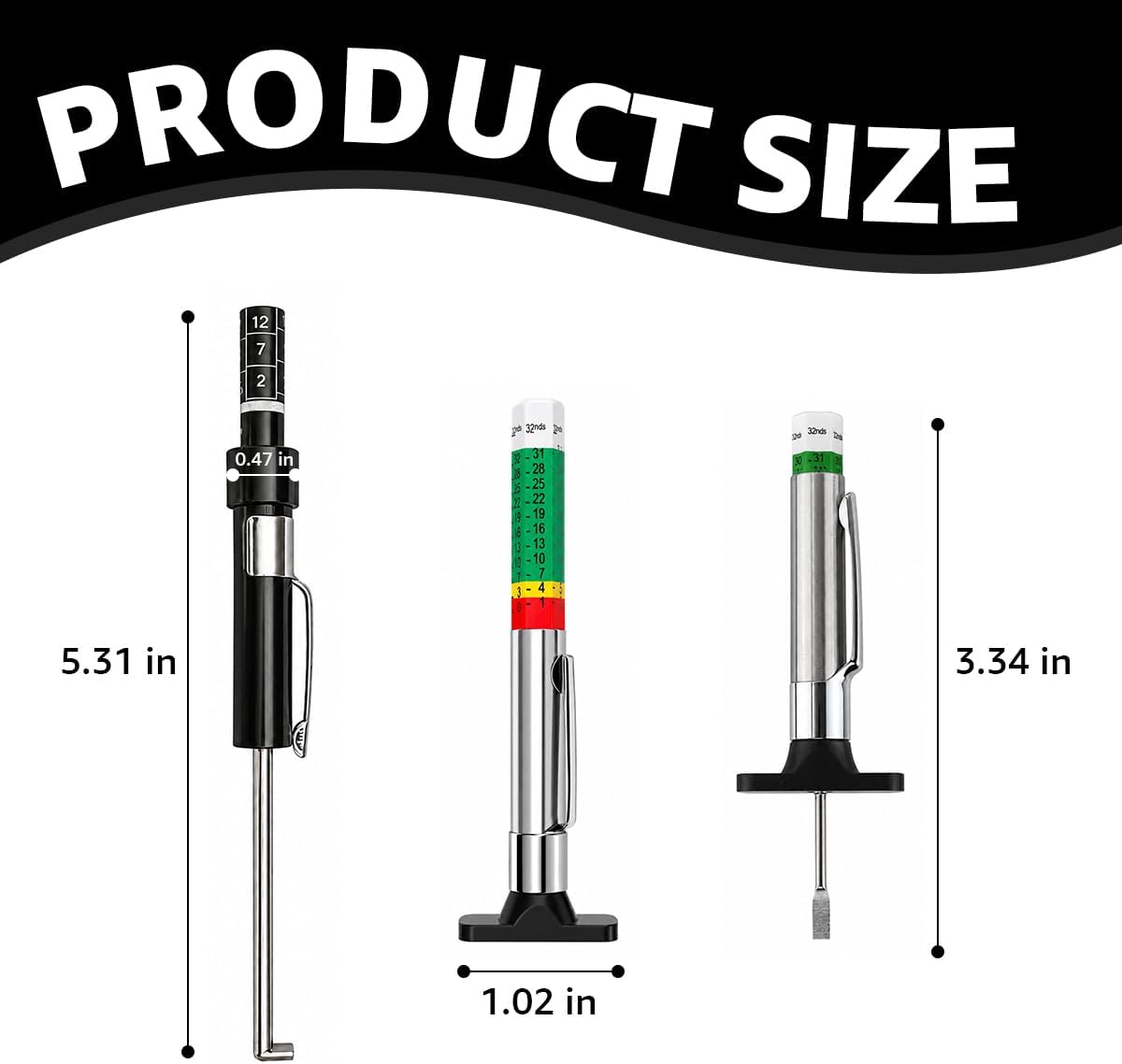 3 PCS Car Tire Tread Depth Gauge Set, Color-Coded 1/32 Inch Auto Tire Depth Gauge & Brake Pad Measuring Tool, Accurate Tyre Tread Checker Brake Pad Thickness Measure Tool